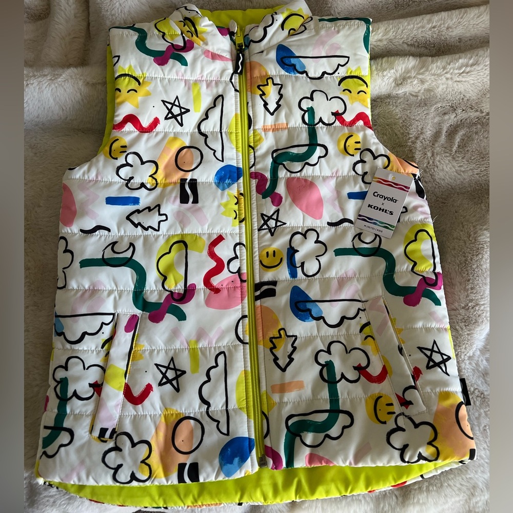 Crayola in Collab with Kohl’s. Kids, medium size 10-12, colorful puffer vest.